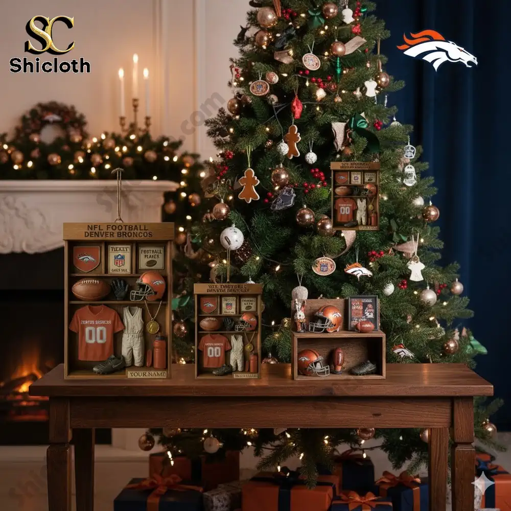 A Christmas tree display featuring Denver Broncos themed miniature sports ornaments.