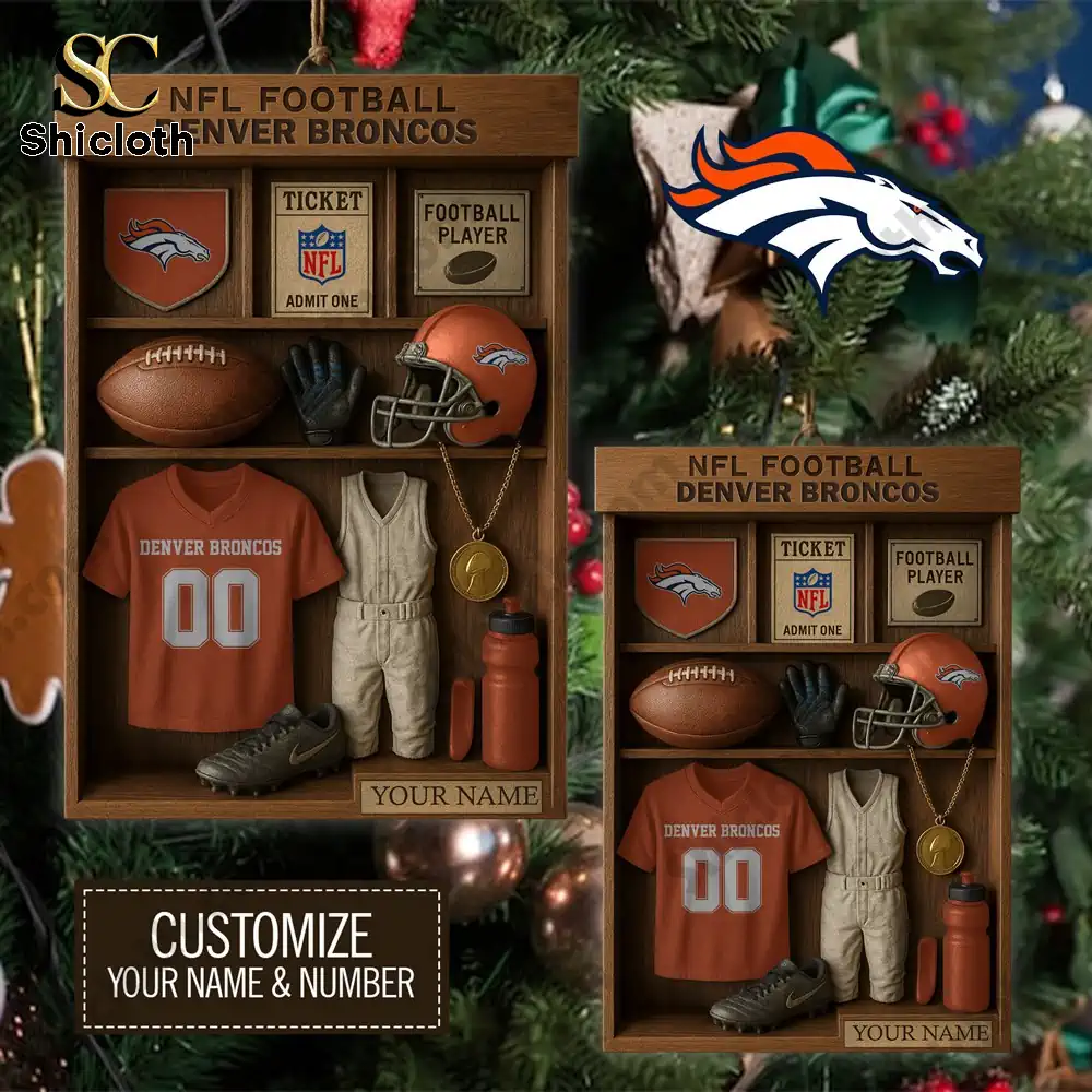Close up of a Denver Broncos themed ornament with customizable jersey details.