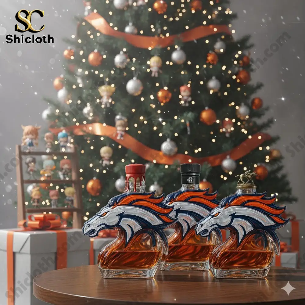 A horse shaped whiskey bottle displayed in a festive holiday setting with a decorated Christmas tree.