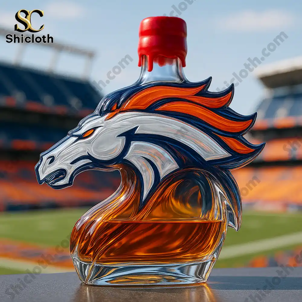 A horse shaped whiskey bottle with a red cap displayed in a stadium setting.