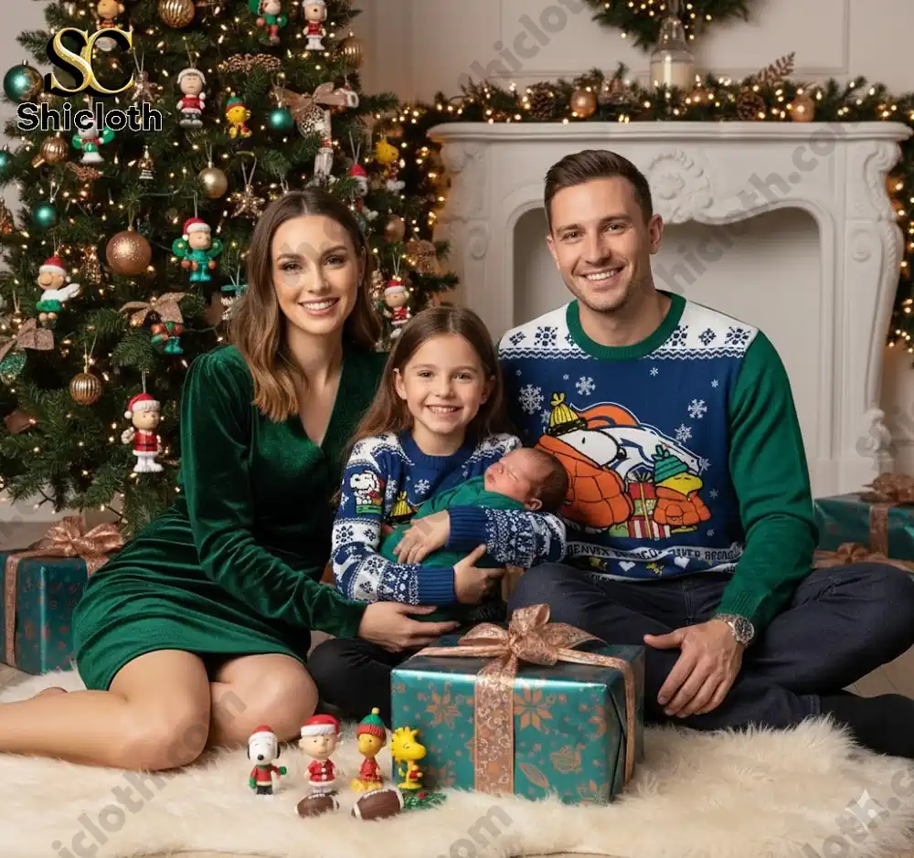Family wearing holiday sweaters with a baby and Christmas tree in the background.