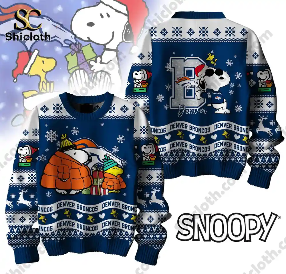 Denver Broncos Snoopy sweater with snowflakes and holiday decorations.