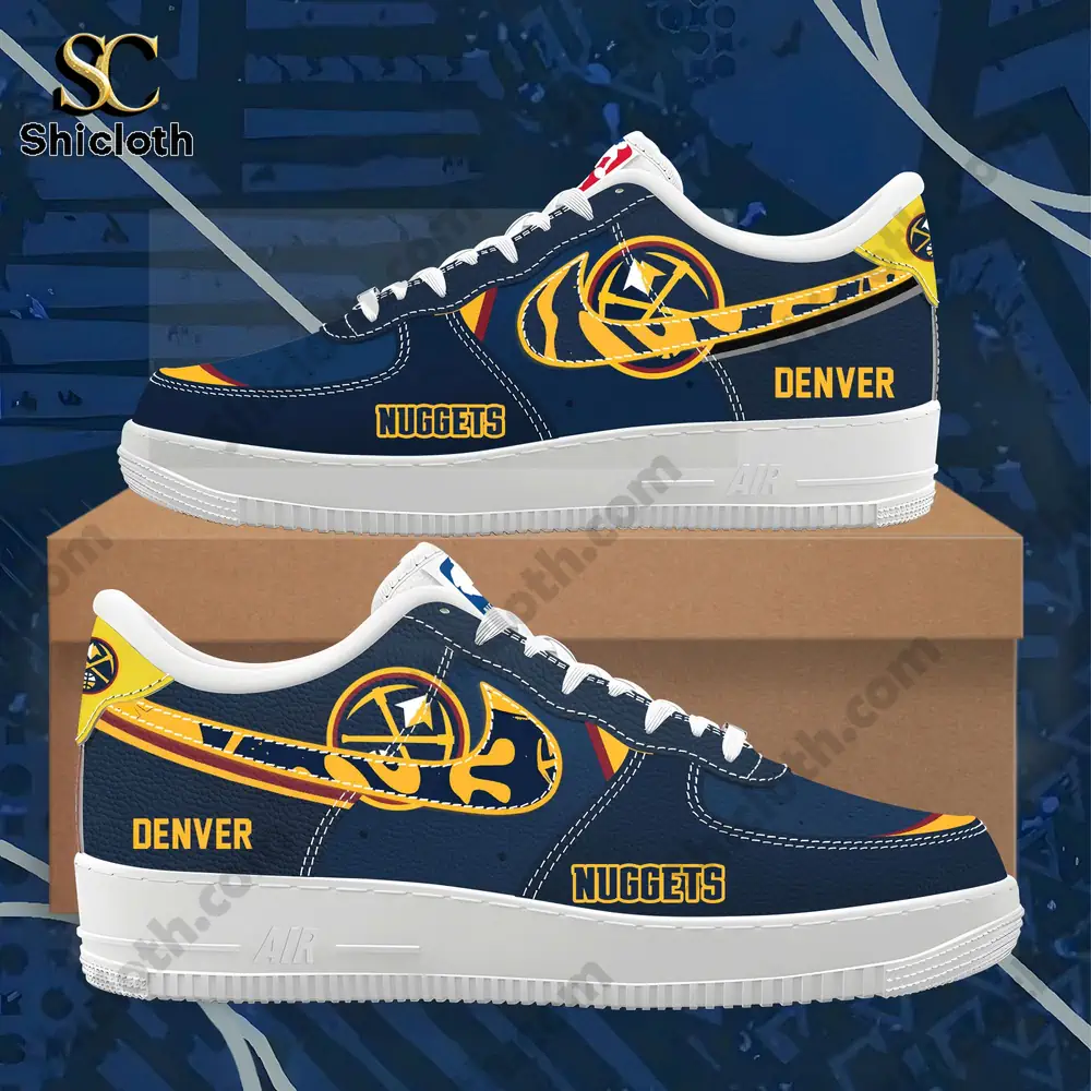 Close up view of blue and yellow Denver basketball themed sneakers on a box.