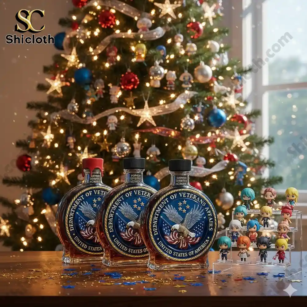 Bottles with a veterans themed design displayed in front of a decorated Christmas tree with small character figures beside them.