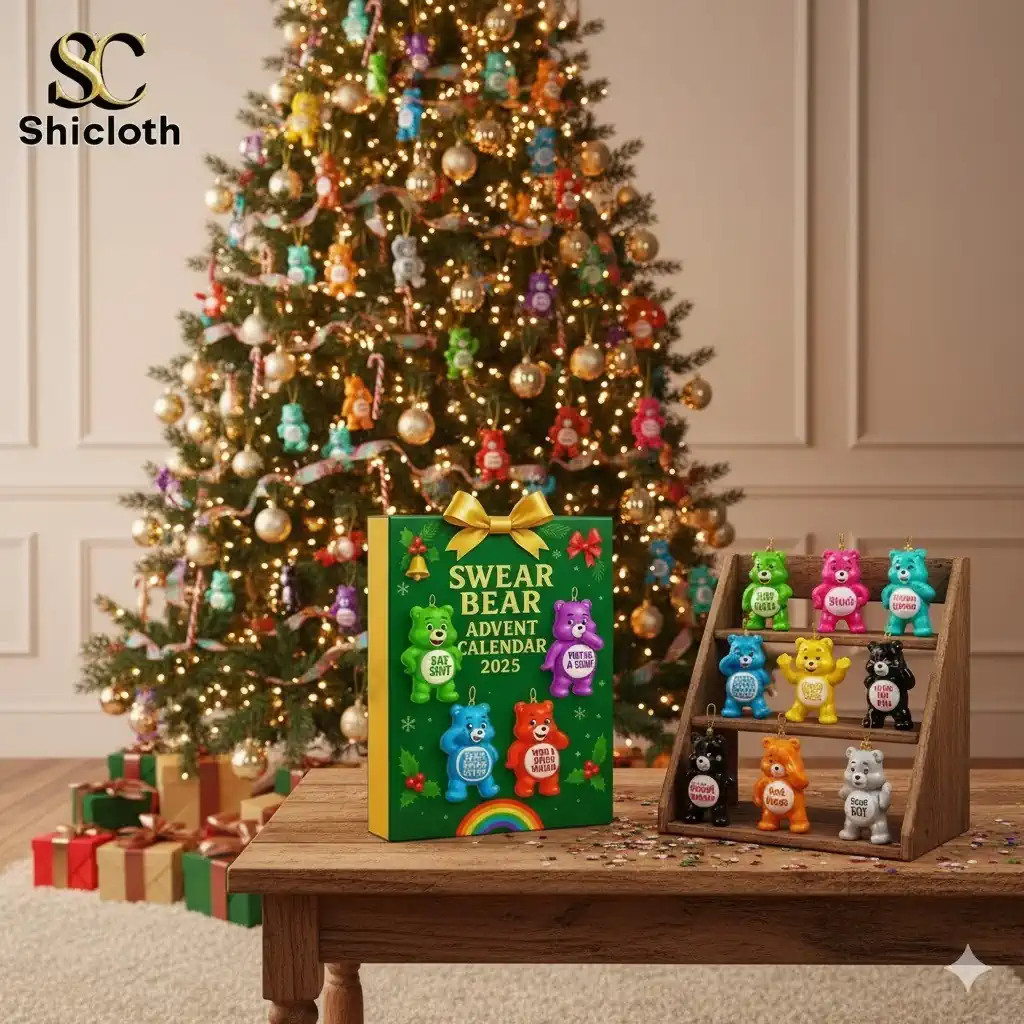 Swear Bear Advent Calendar 2025 displayed on a table in front of a decorated Christmas tree.