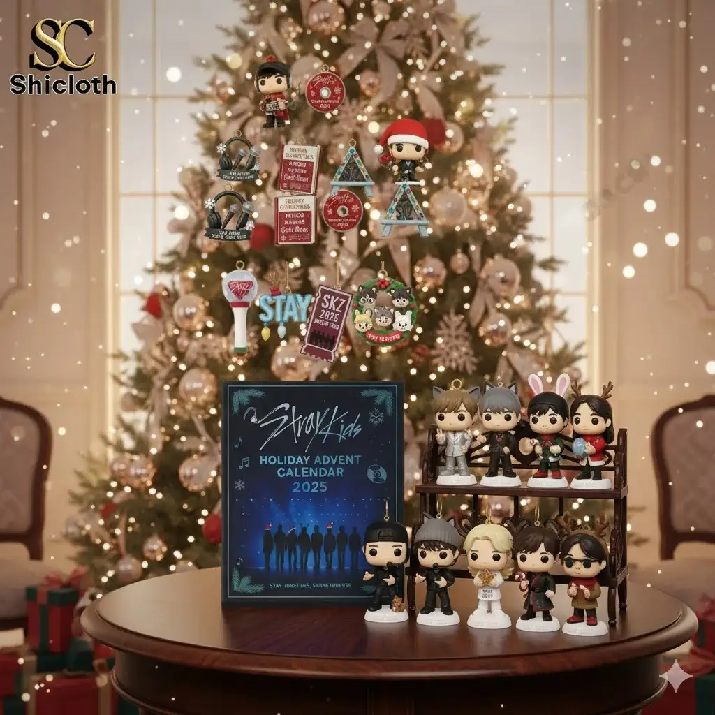 Stray Kids Holiday Advent Calendar 2025 displayed with character figures in front of a Christmas tree.