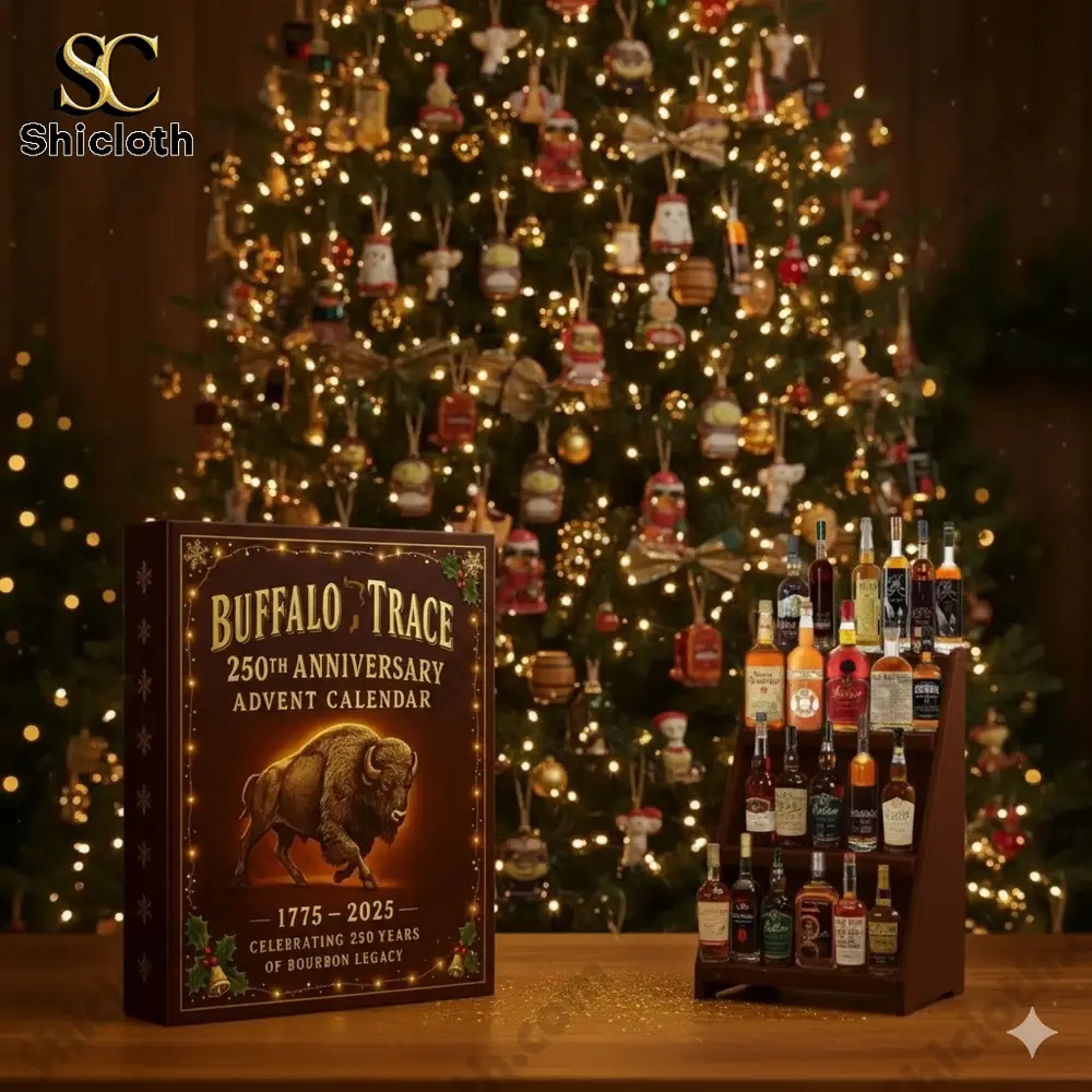 A family sitting by a Christmas tree with a Buffalo Trace 250th Anniversary Advent Calendar and a whiskey collection on display.