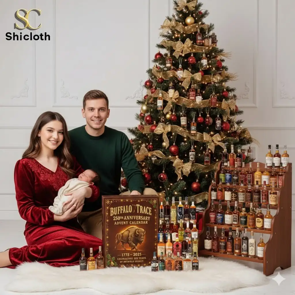 Buffalo Trace 250th Anniversary Advent Calendar 3 A family sitting by a Christmas tree with a Buffalo Trace 250th Anniversary Advent Calendar and a whiskey collection on display.