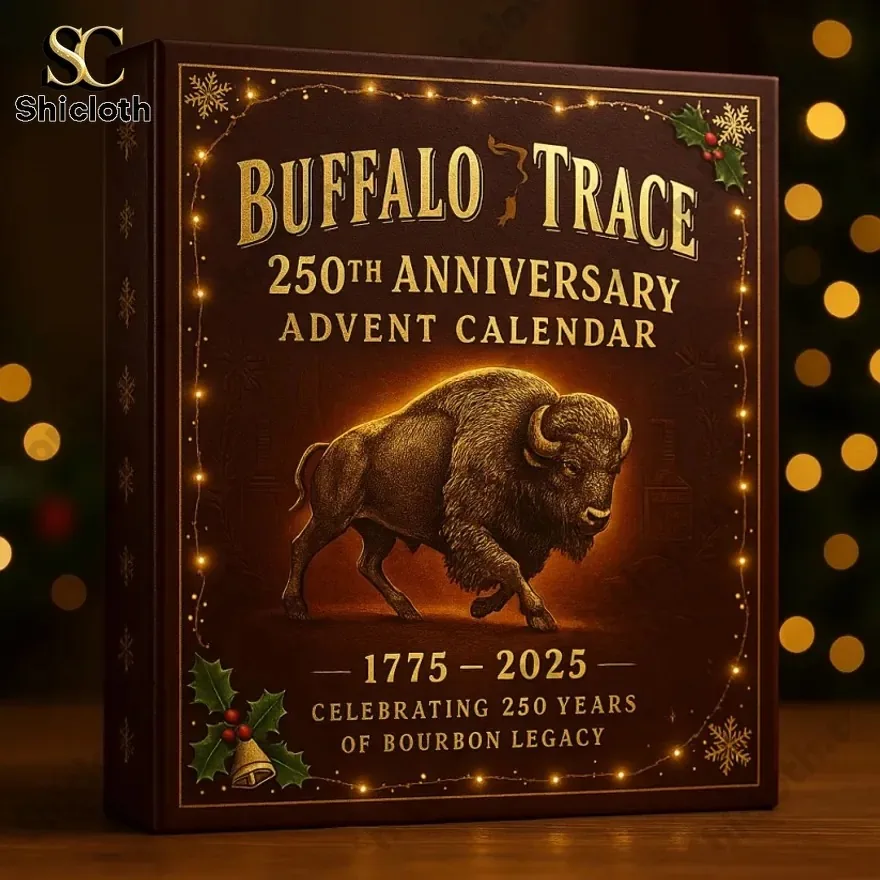 Buffalo Trace 250th Anniversary Advent Calendar 5 Close-up of the Buffalo Trace 250th Anniversary Advent Calendar box with golden lighting.