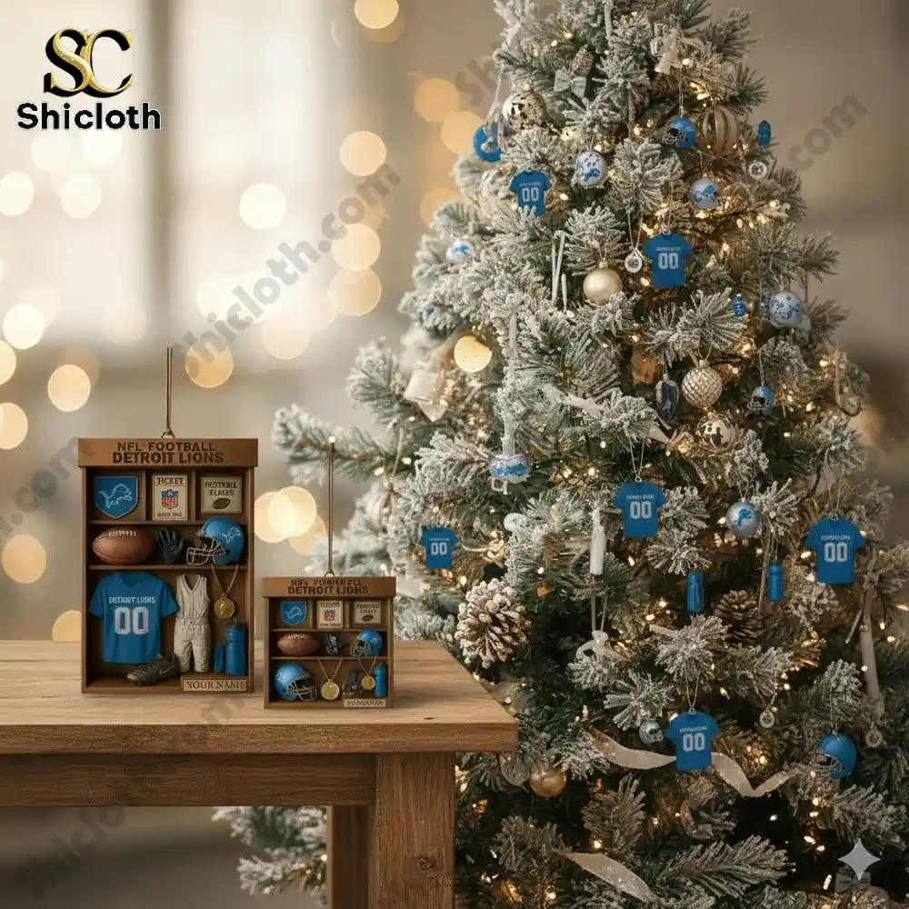 Detroit Lions themed ornaments displayed on a Christmas tree next to two wooden display box ornaments.