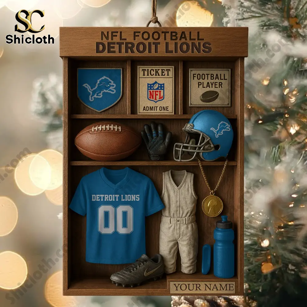 Close view of a wooden Detroit Lions ornament display filled with miniature football items.