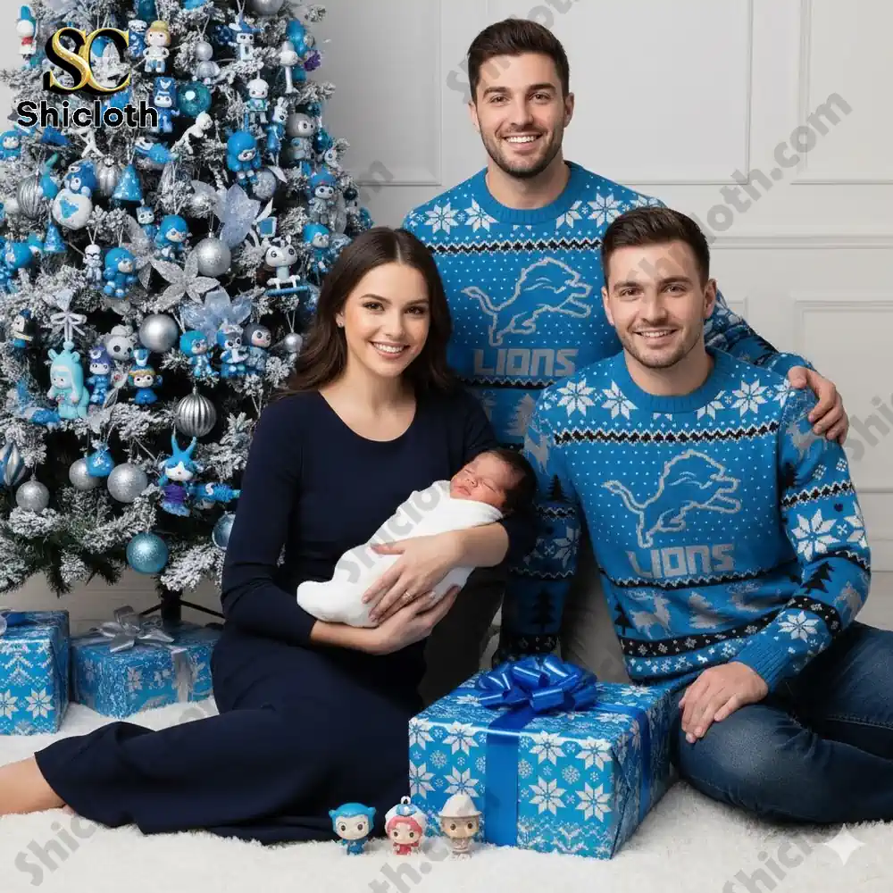 A family of three sitting in front of a decorated Christmas tree with blue and silver ornaments, holding a newborn baby, and surrounded by Christmas gifts.