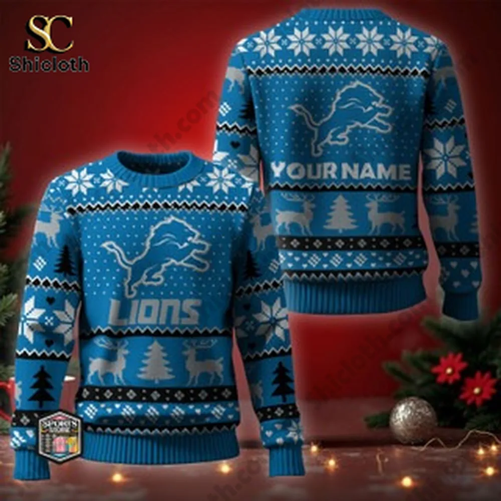A Christmas sweater featuring the Detroit Lions logo with holiday patterns of snowflakes and reindeer on a red background.