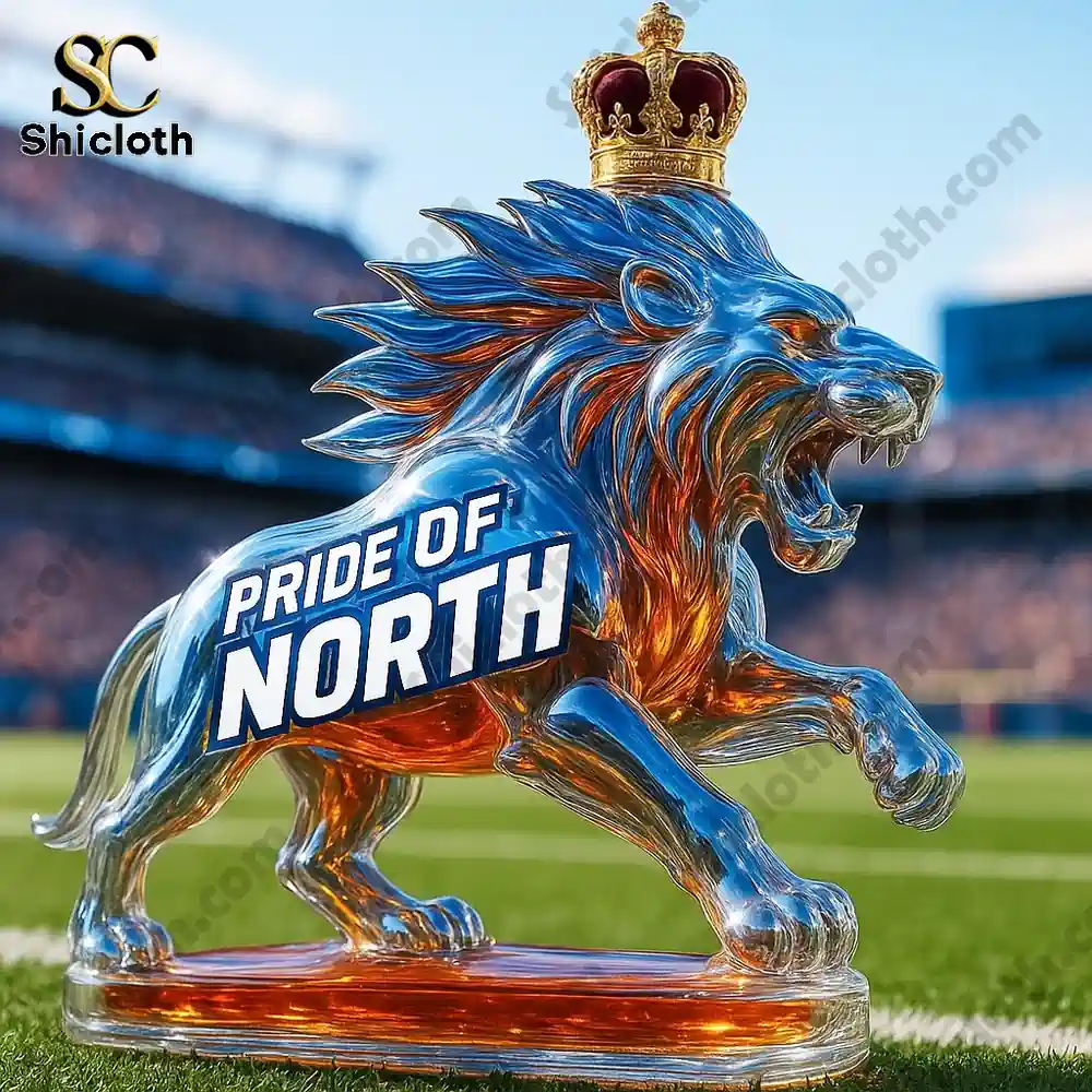 A majestic lion whiskey bottle, representing the "Pride of North," with a royal crown on top, set in a football stadium backdrop.