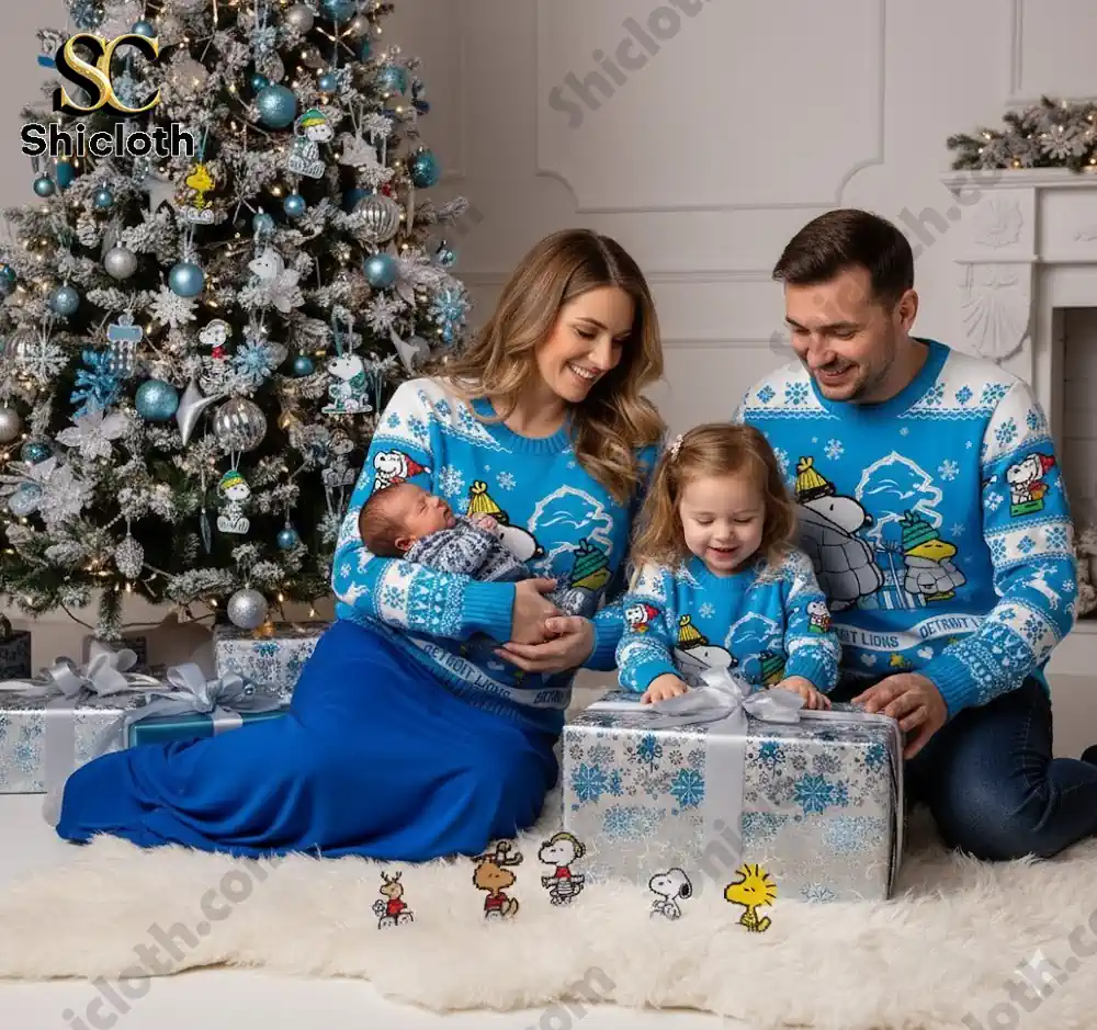 A family of four wearing matching Detroit Lions Peanuts Snoopy Christmas sweaters sitting in front of a Christmas tree.