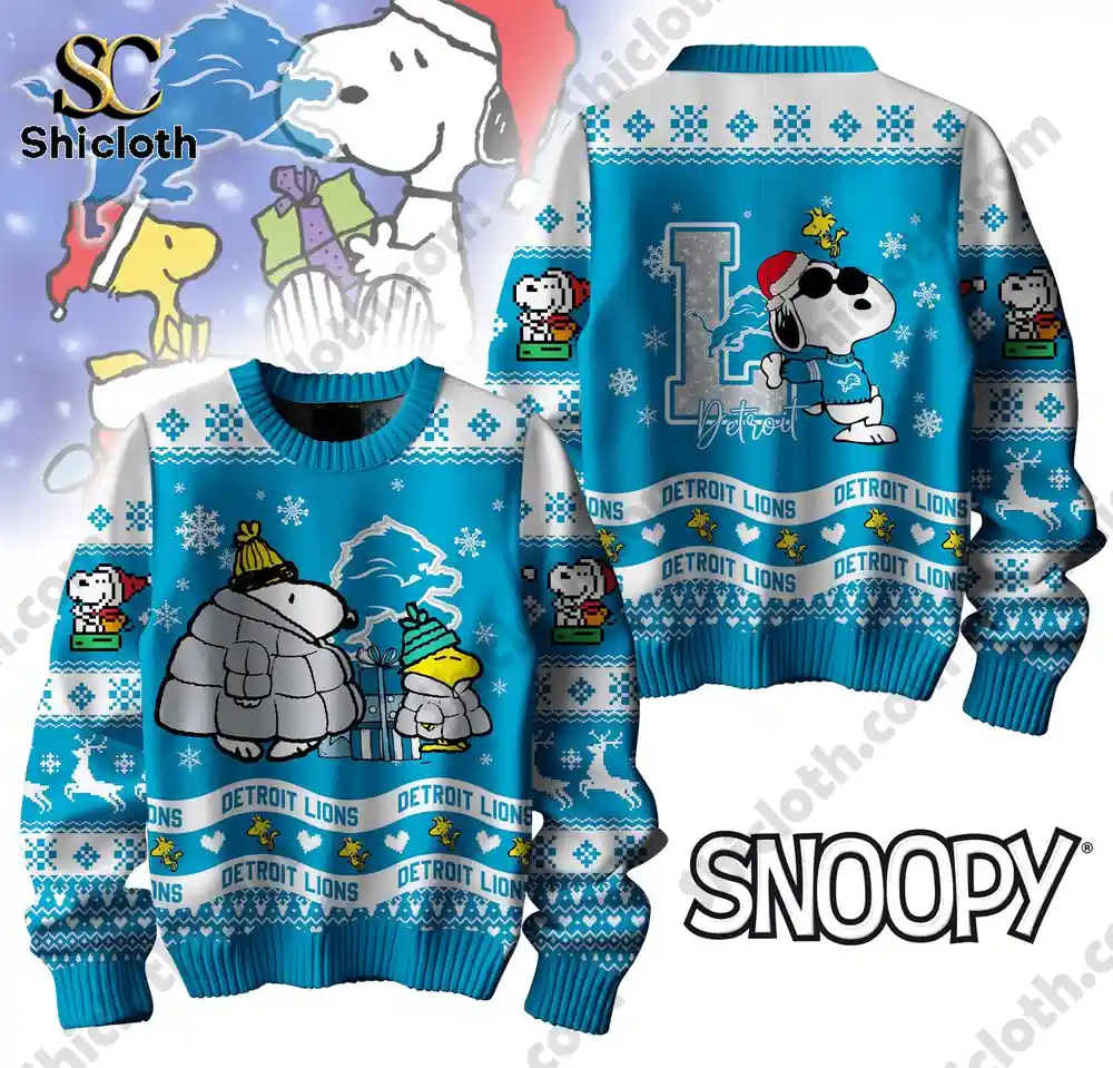 Front and back view of the Detroit Lions Peanuts Snoopy ugly sweater with snowflakes and Snoopy wearing a Santa hat.