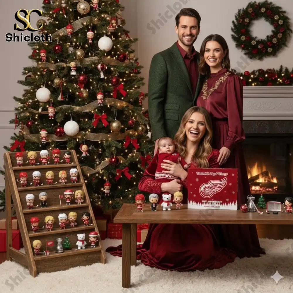 A family posing by a Christmas tree with Detroit Red Wings themed collectible figures displayed on a table and shelf.