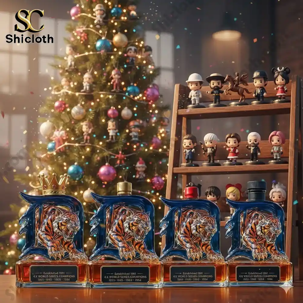 Detroit Tigers whiskey bottles displayed during Christmas, surrounded by a festive tree and ornaments.