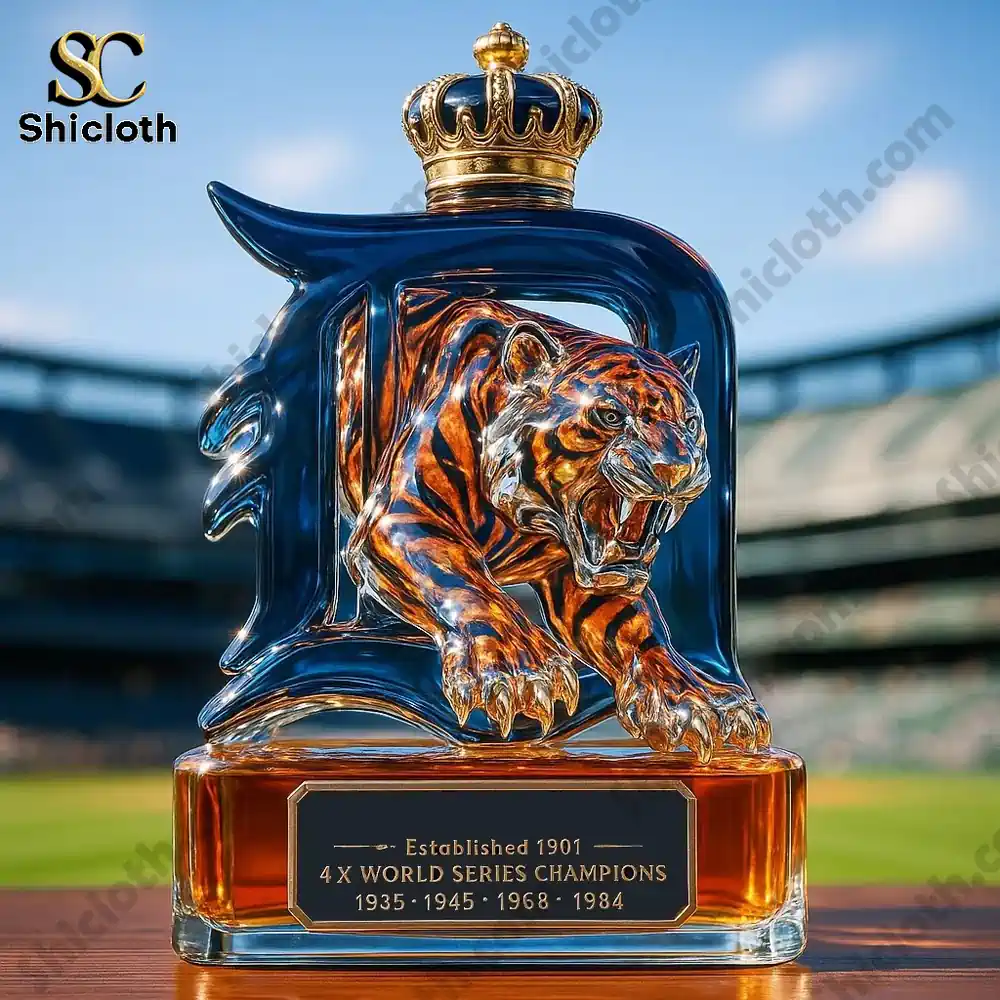 Close-up of the Detroit Tigers 131st Anniversary Edition Whiskey Bottle with a crown, set against a stadium background.