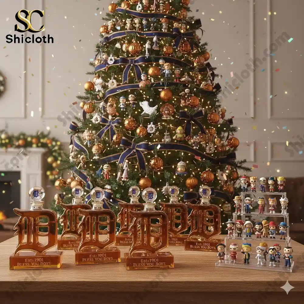 A decorated Christmas tree with gold and blue ornaments and collectible figures displayed beside logo shaped bottles on a table!
