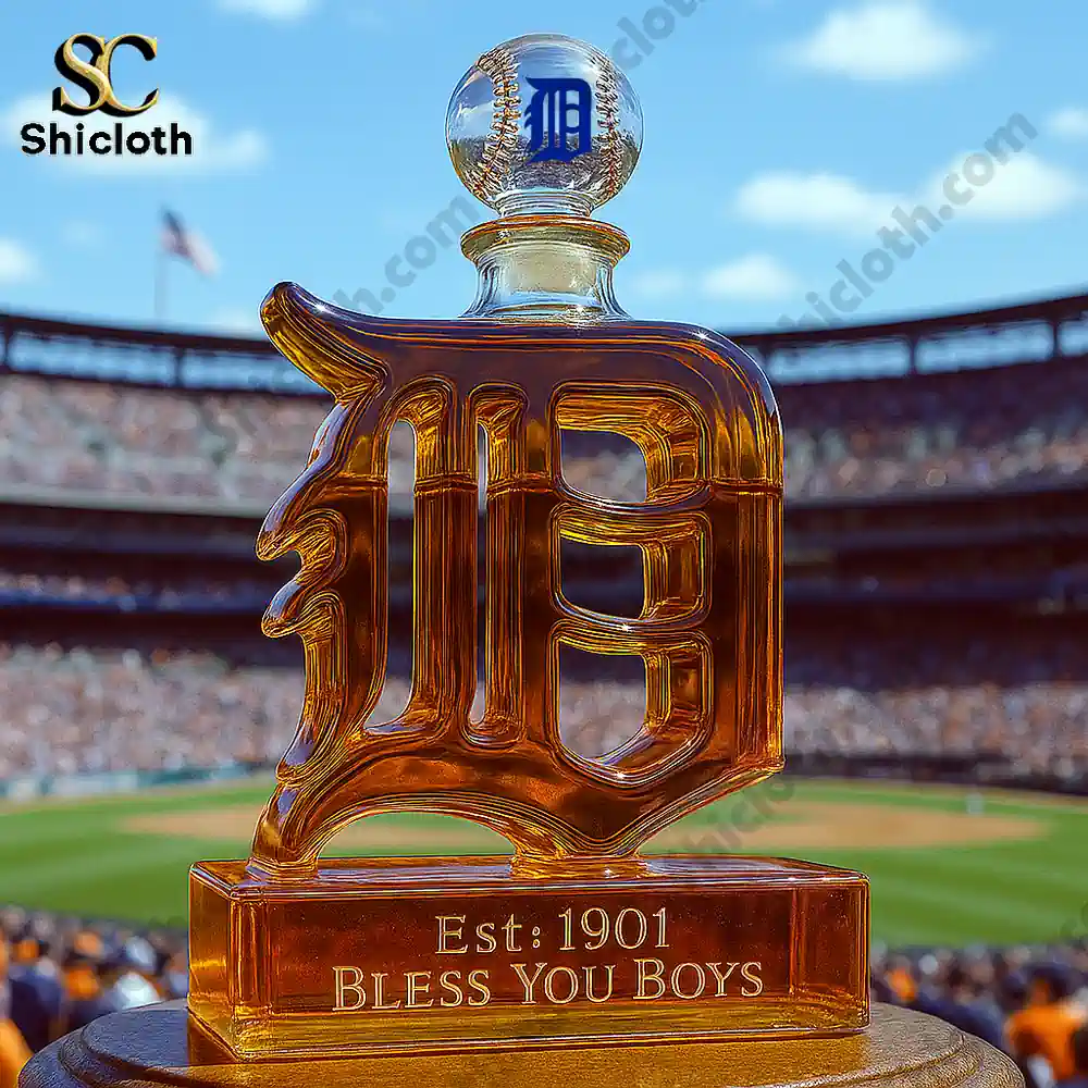 A Detroit shaped bottle with a baseball stopper displayed at a stadium overlooking the field!