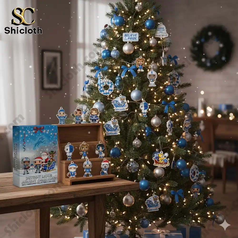 Detroit Lions advent calendar with themed Christmas tree decorated in blue and silver!