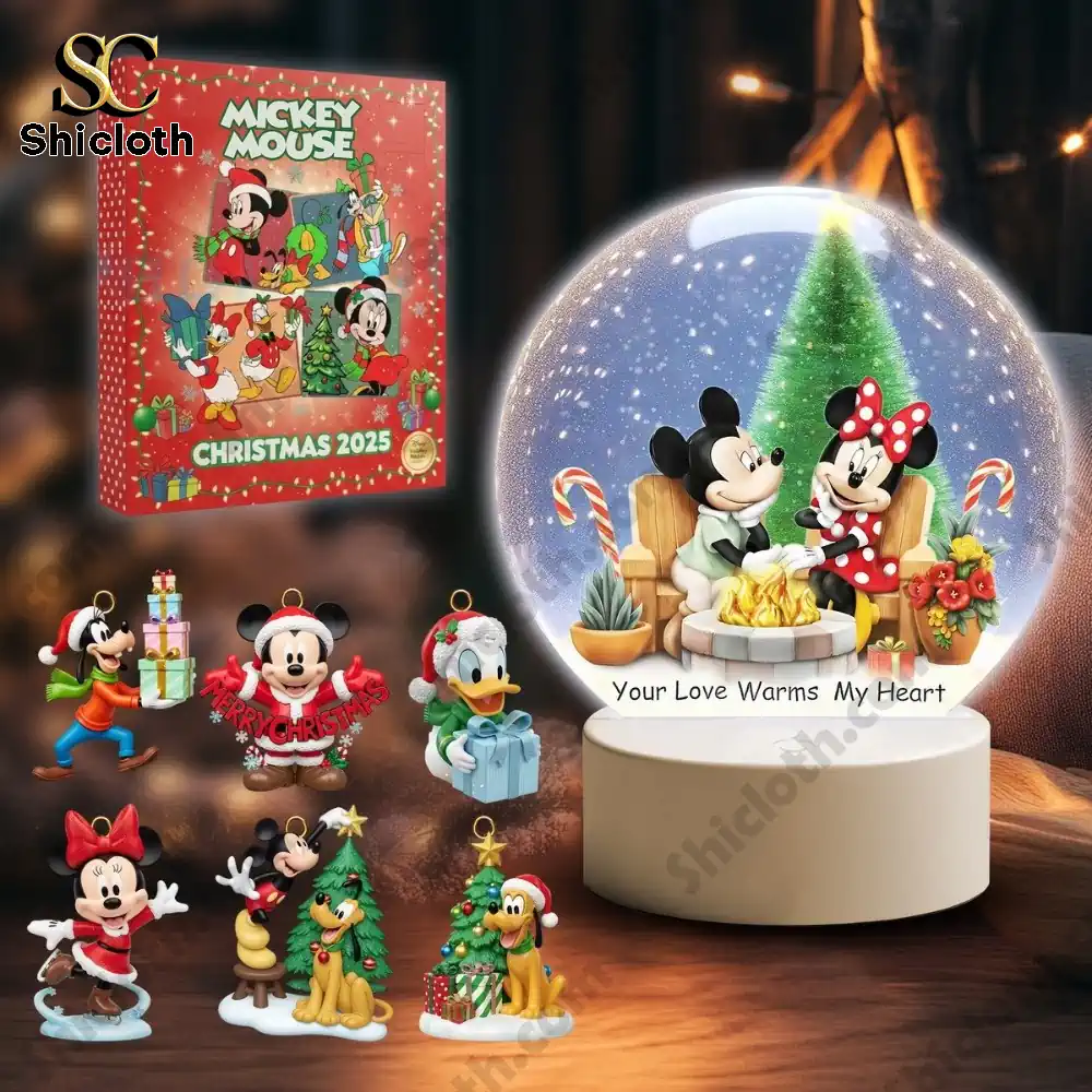 Mickey Minnie snow globe with assorted Christmas character ornaments and a themed box!