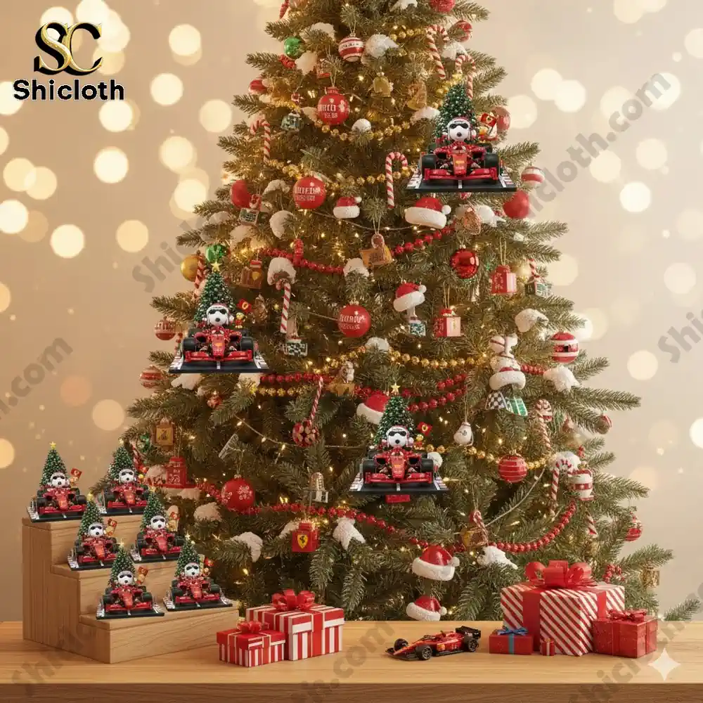 Christmas tree decorated with Ferrari car ornaments and gifts at the base.
