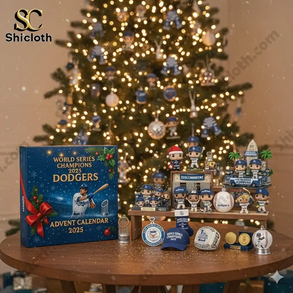 A Dodgers 2025 Advent calendar displayed on a table with miniature baseball figures and decorations in front of a Christmas tree.
