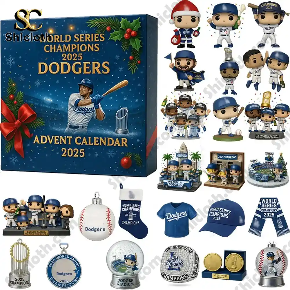Dodgers 2025 World Champions Advent Calendar 3 All miniature collectibles and items from the Dodgers 2025 Advent calendar arranged neatly beside the box.