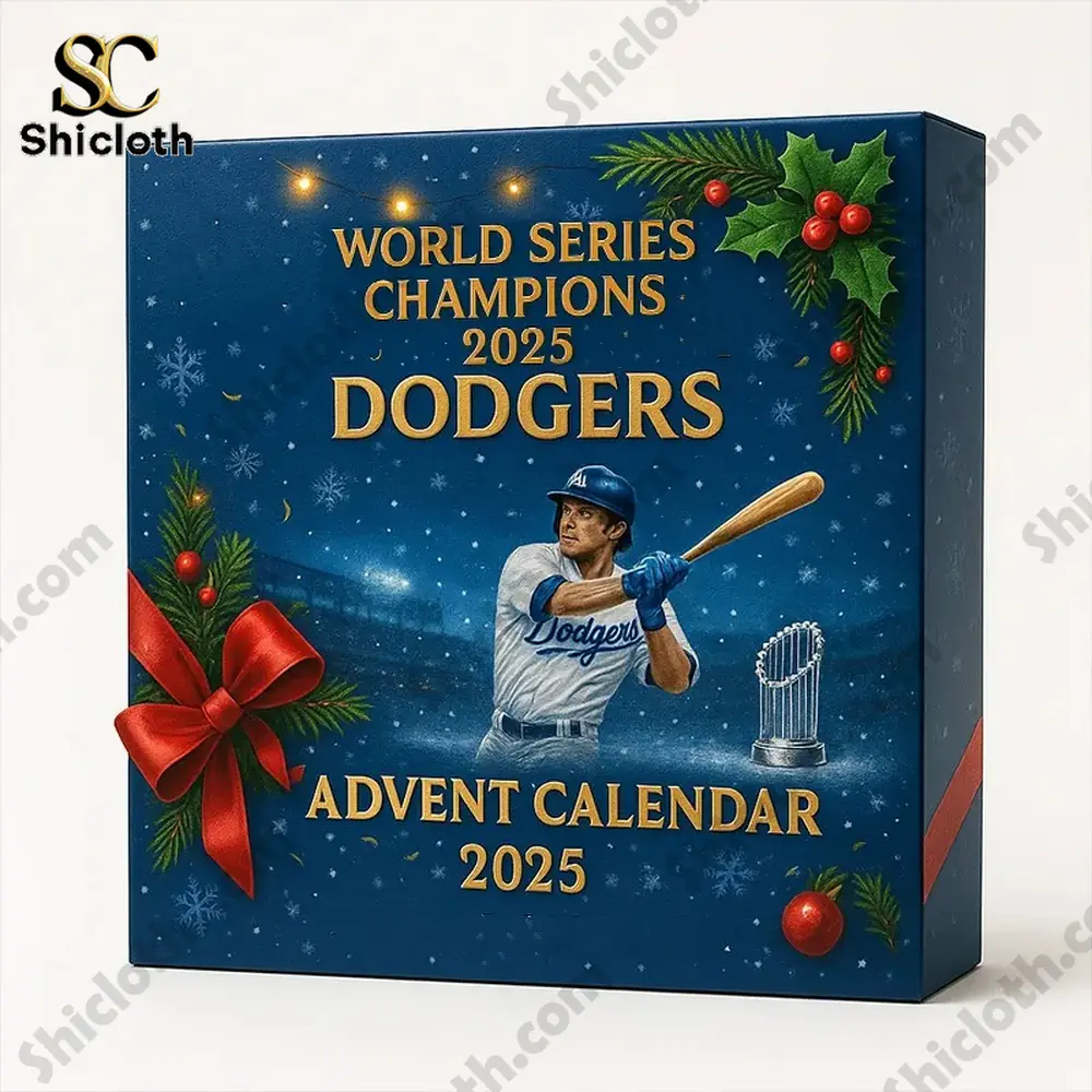 Dodgers 2025 World Champions Advent Calendar 4 Close-up of the Dodgers 2025 Advent calendar box featuring a baseball player illustration and festive decorations.