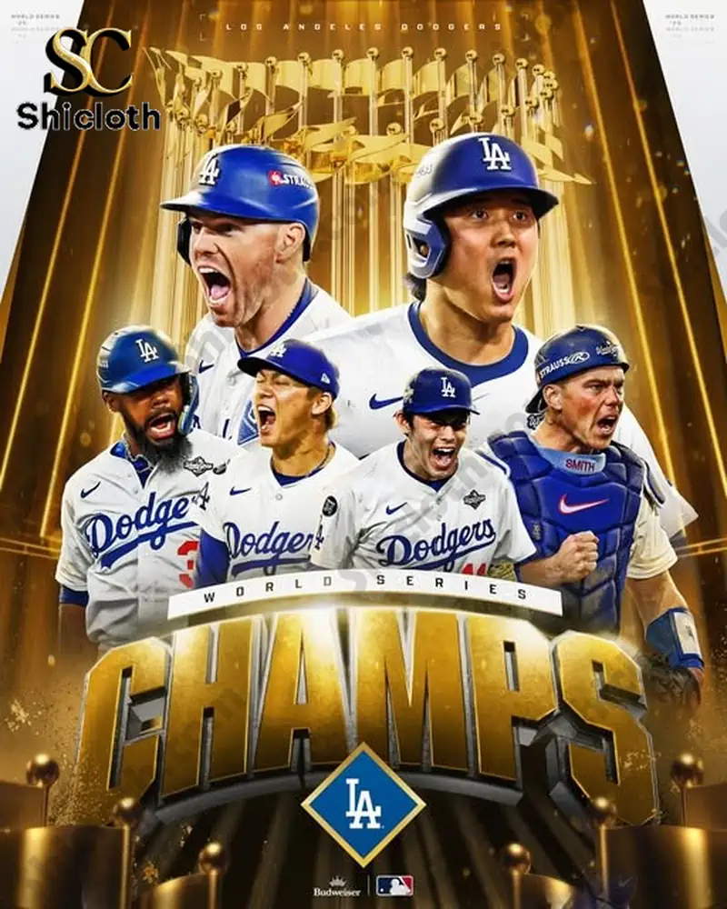 Dodgers 2025 World Champions Advent Calendar 5 Poster showing Dodgers players celebrating their World Series championship with gold background and trophy.