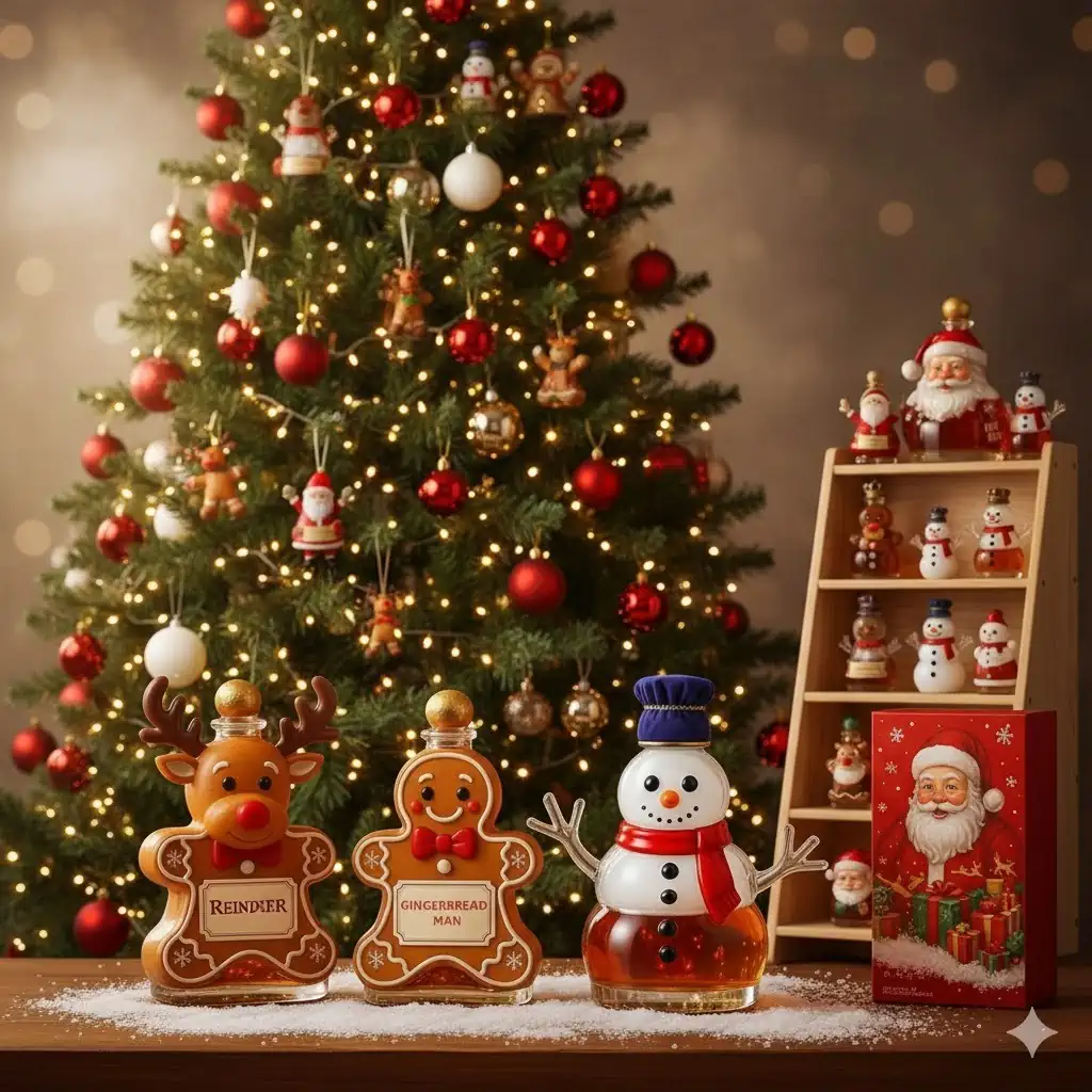 Christmas themed glass bottles shaped like Santa, reindeer, gingerbread man, and snowman in front of a decorated Christmas tree.