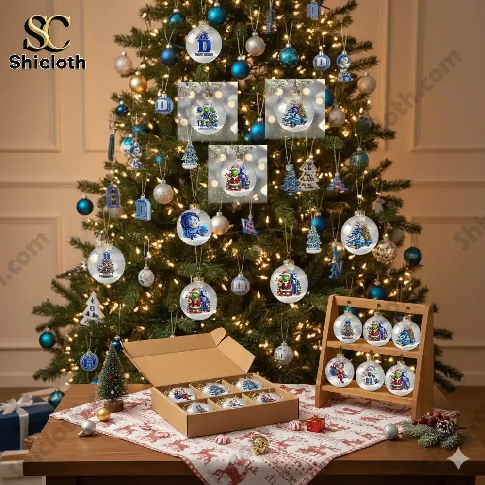 A decorated Christmas tree with Duke Blue Devils themed ornaments displayed in a festive room.