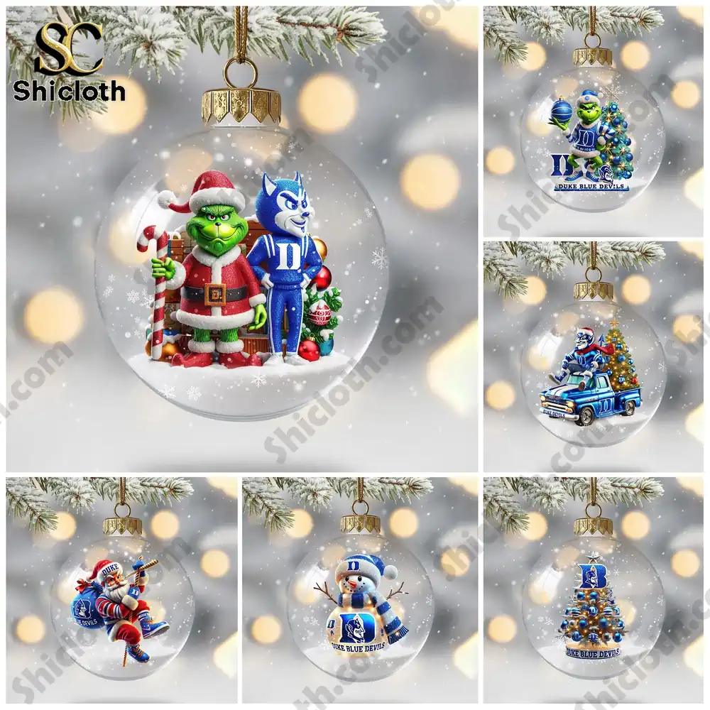 Five Duke Blue Devils themed ornaments featuring characters in festive scenes.