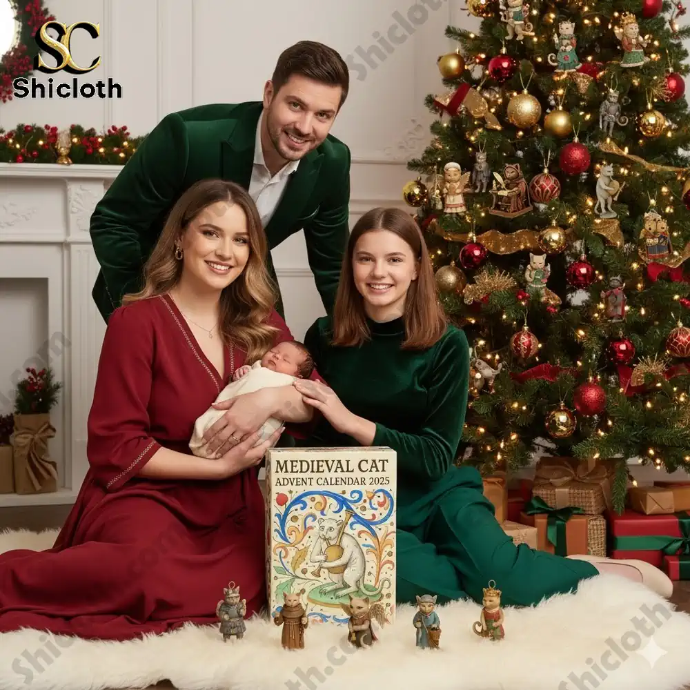 A family sitting in front of a Christmas tree holding the Medieval Cat Advent Calendar 2025 by Shicloth.