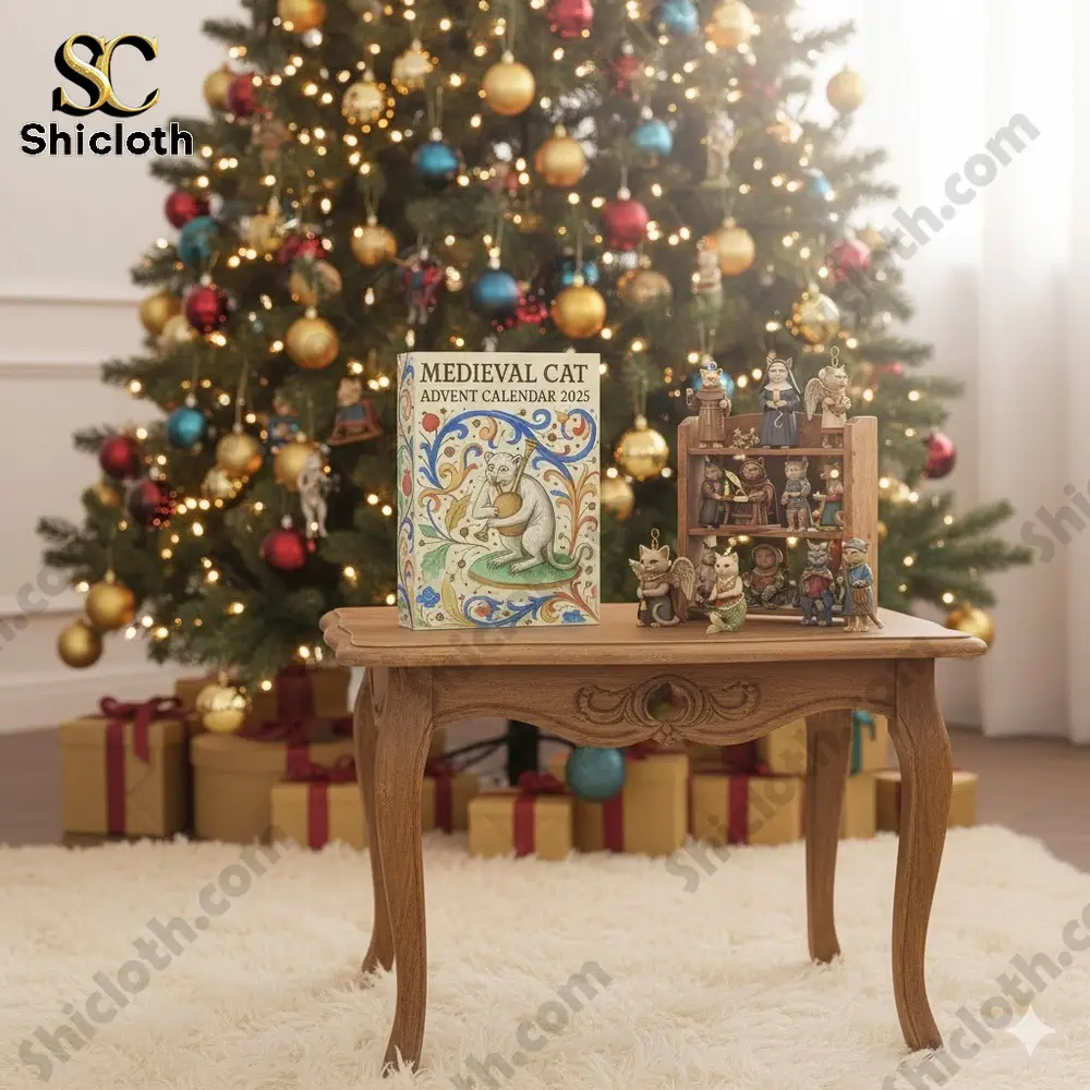 Medieval Cat Advent Calendar 2025 displayed on a wooden table with cat figurines near a Christmas tree.