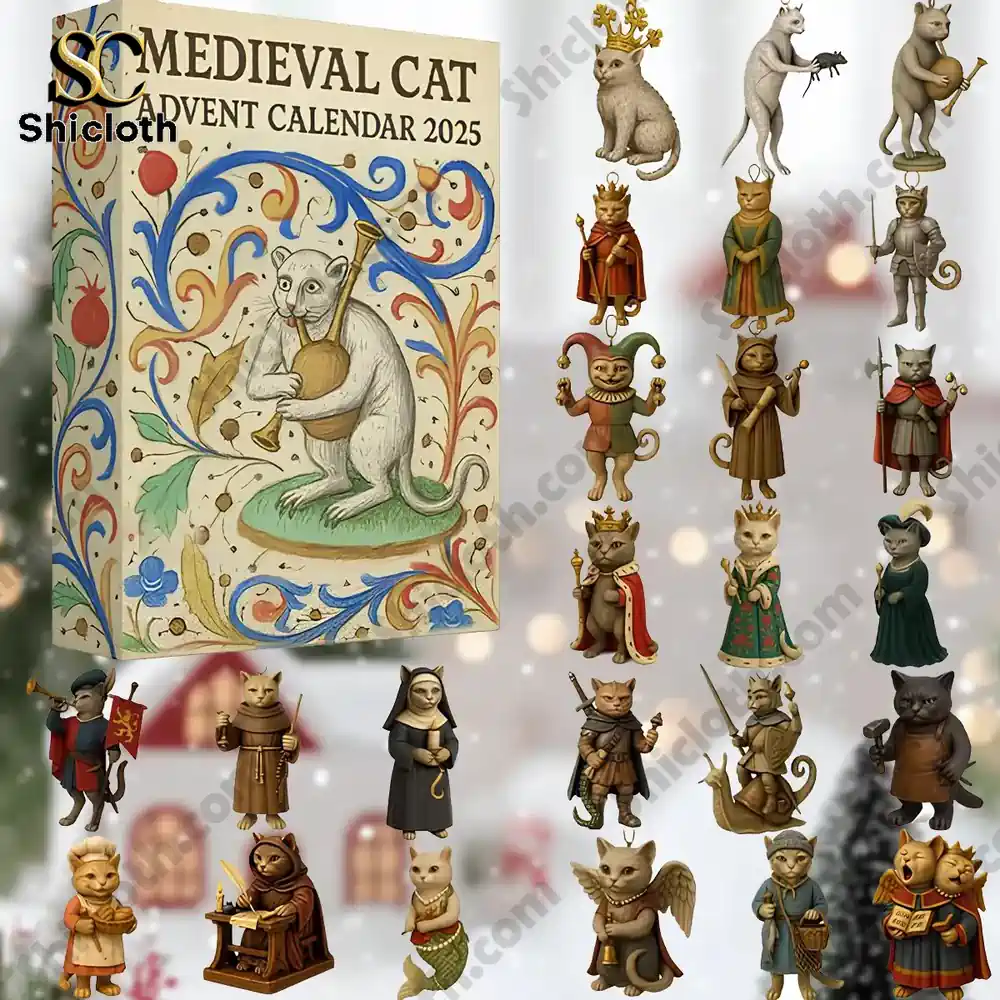 Medieval Cat Advent Calendar 2025 4 Medieval Cat Advent Calendar 2025 with cat figurines shown against a festive Christmas background.