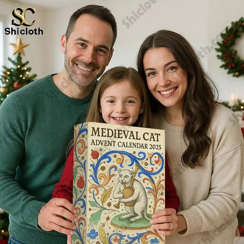 Medieval Cat Advent Calendar 2025 6 A smiling family holding the Medieval Cat Advent Calendar 2025 by Shicloth during Christmas.