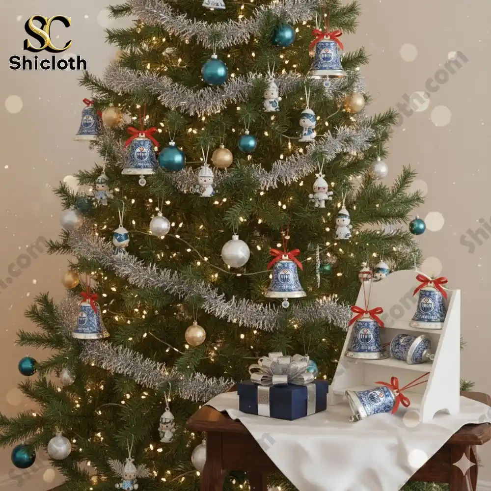 A Christmas tree decorated with Edmonton Oilers 54th anniversary blue bell ornaments, silver garlands, and blue and gold baubles.