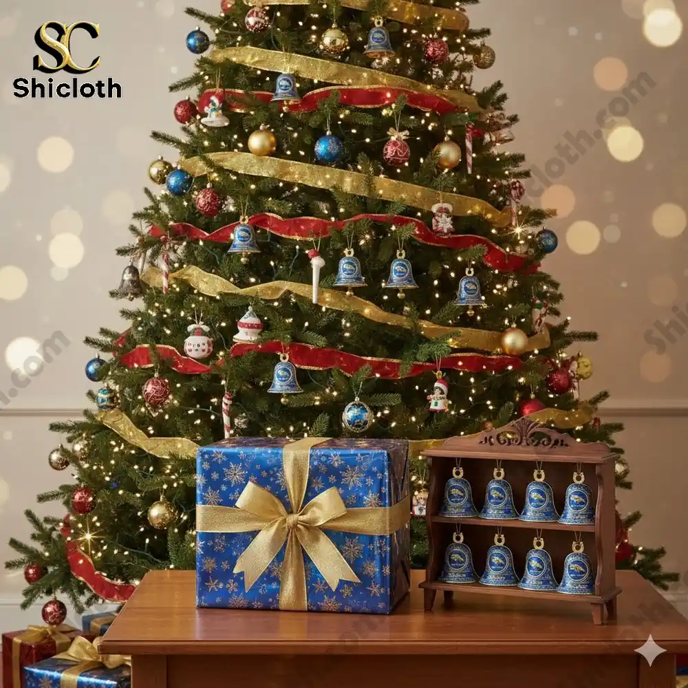 Christmas tree with blue Broncos bell ornaments hanging and a wrapped gift on a table.