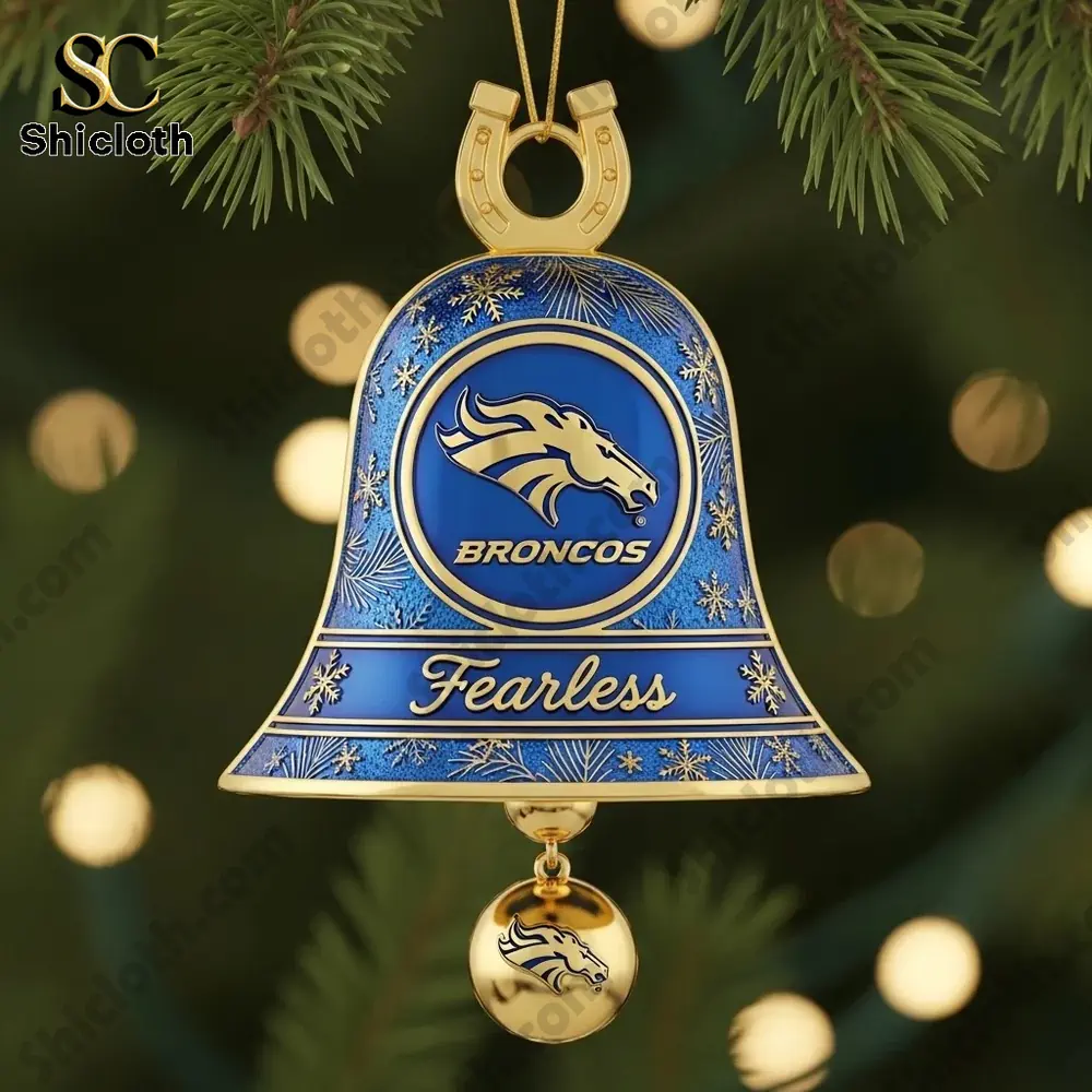 Close up of a blue Broncos bell ornament with Fearless text and horseshoe topper.