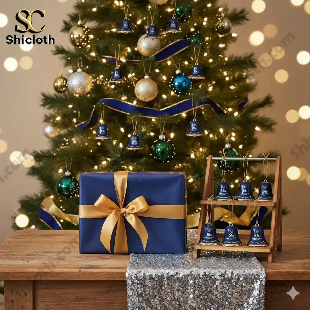 Christmas tree decorated with Milwaukee Brewers 56th anniversary bell ornaments and a blue gift box with a gold ribbon!
