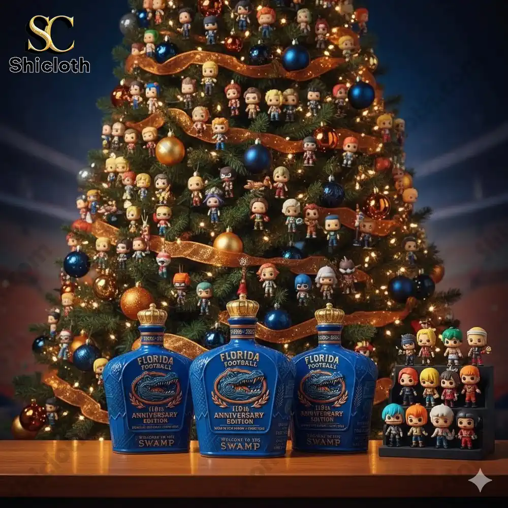 Blue Florida football anniversary bottles in front of a Christmas tree covered with small character ornaments and lights.