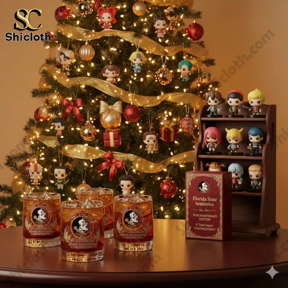 A decorated Christmas tree with small character figurines and commemorative Seminoles glasses on a table.