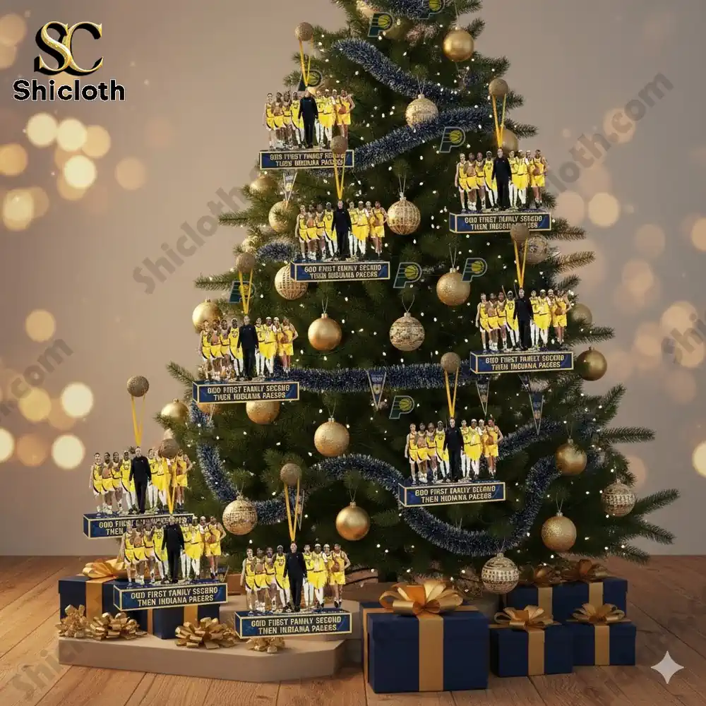 Christmas tree decorated with Indiana Pacers player ornaments and gifts.