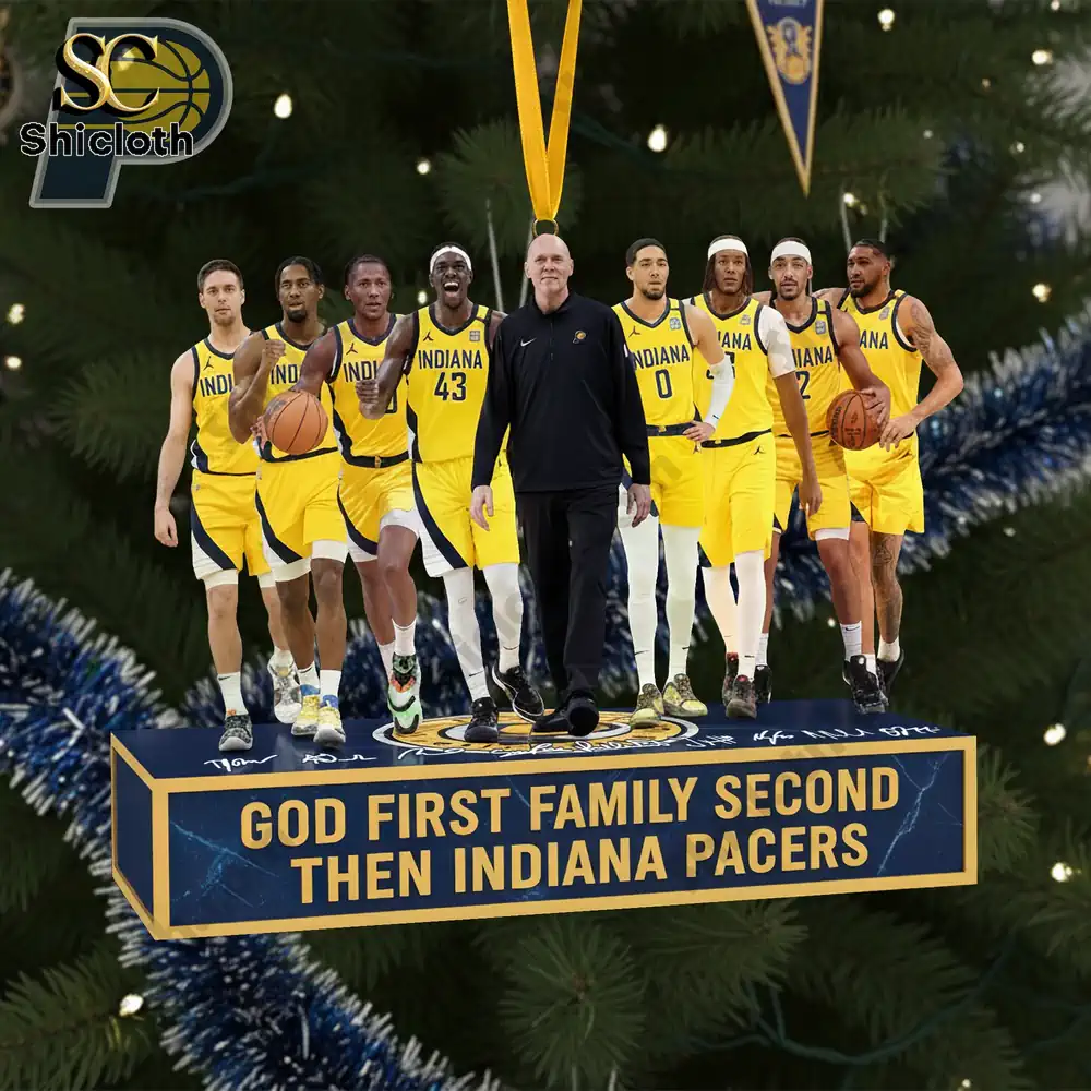 Indiana Pacers team ornament with the slogan "God First Family Second Then Indiana Pacers".