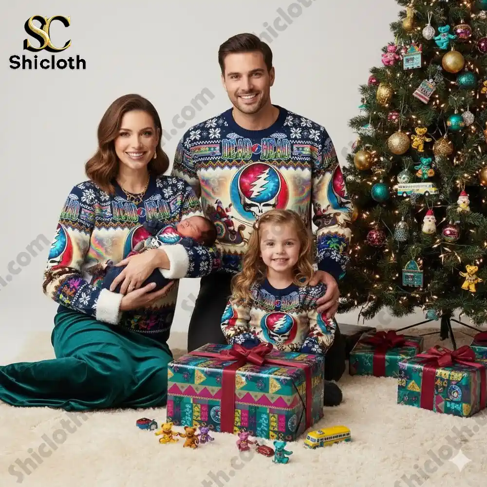Family wearing matching Grateful Dead Christmas sweaters posing beside a decorated Christmas tree with gifts and toys!
