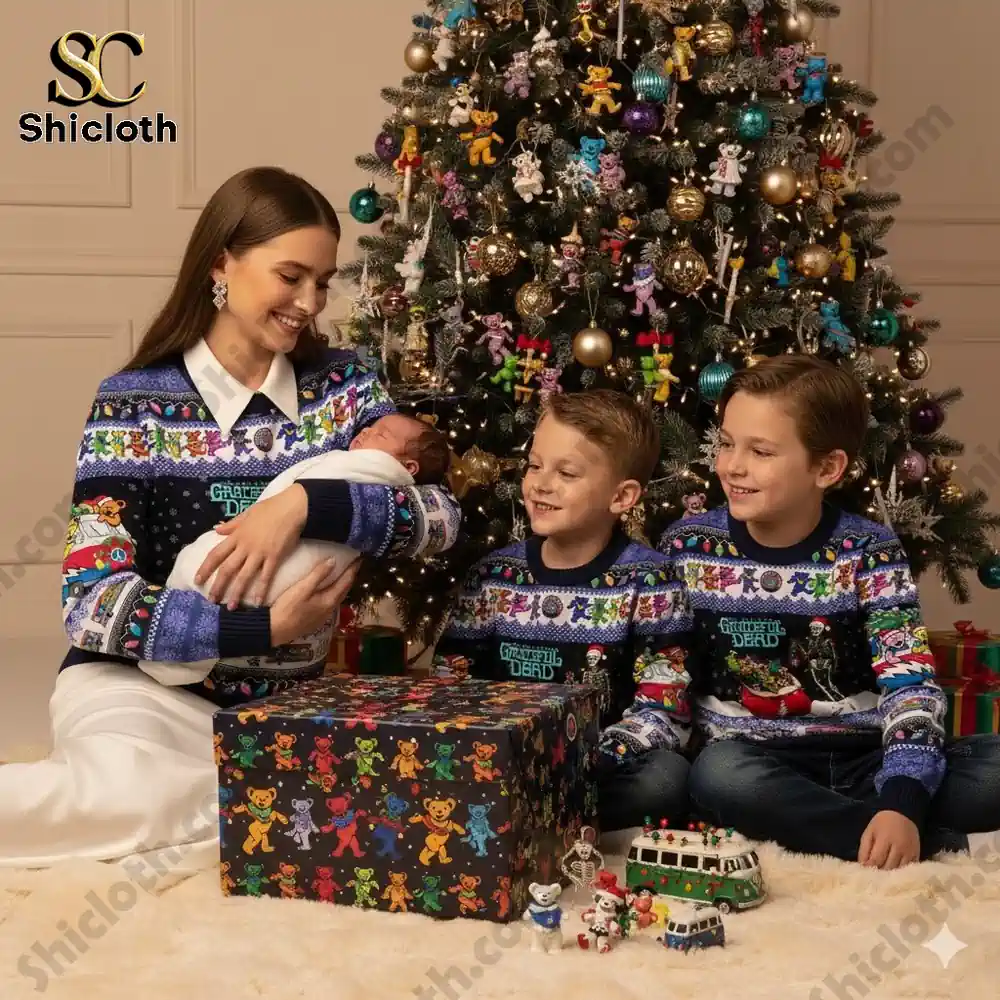 Mother and children wearing Grateful Dead Christmas sweaters sitting beside a decorated Christmas tree with presents!