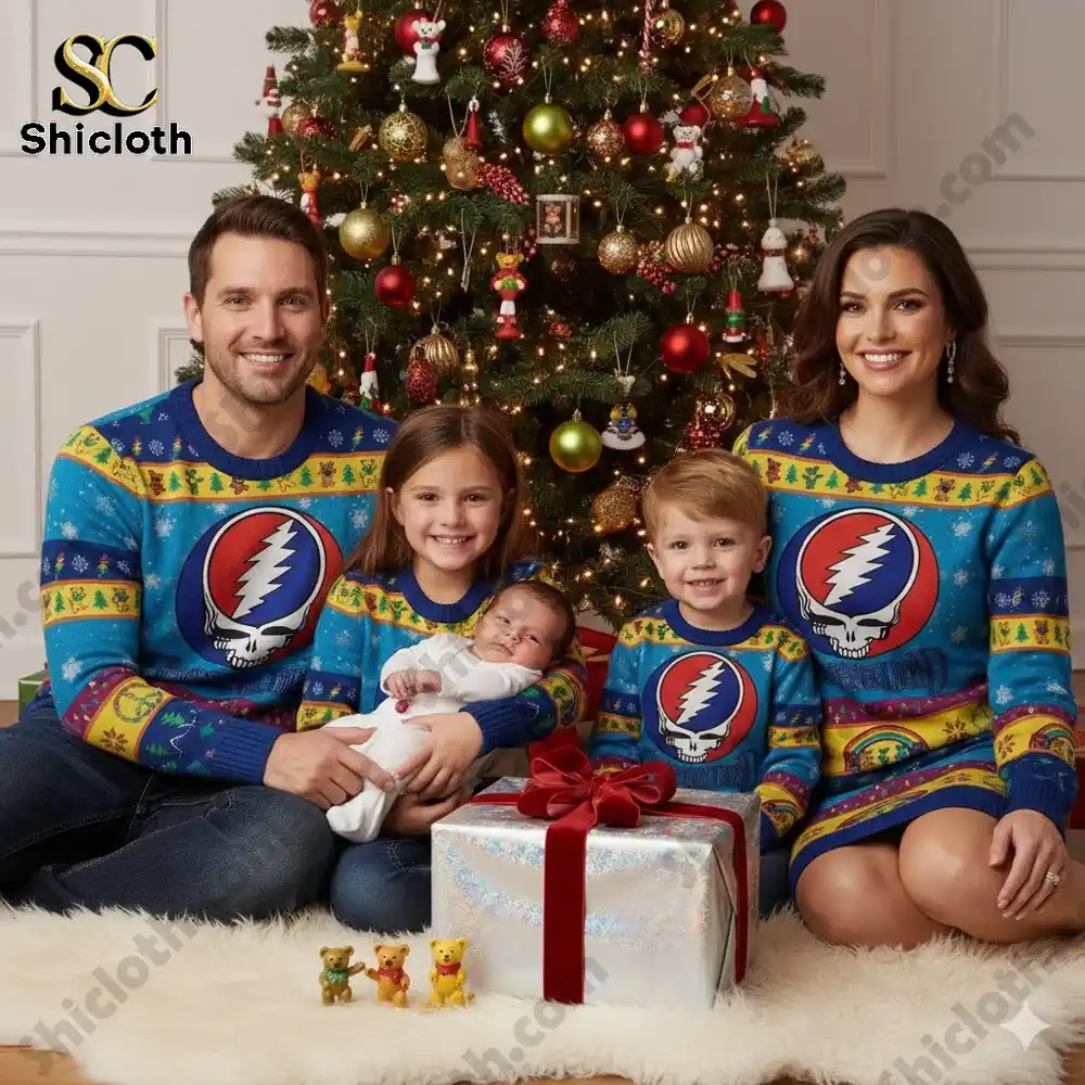 Grateful Dead Merry Christmas New Custom Ugly Sweater 4 Family of five wearing Grateful Dead Christmas sweaters sitting by a decorated Christmas tree with gifts!